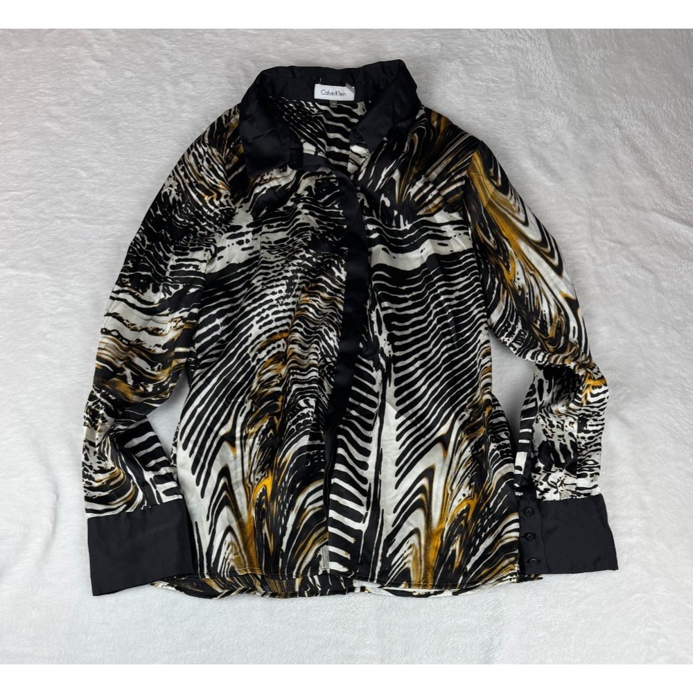 Calvin Klein Shirt Top Womens M Multi Zebra Print Long Sleeve Collared Button Up